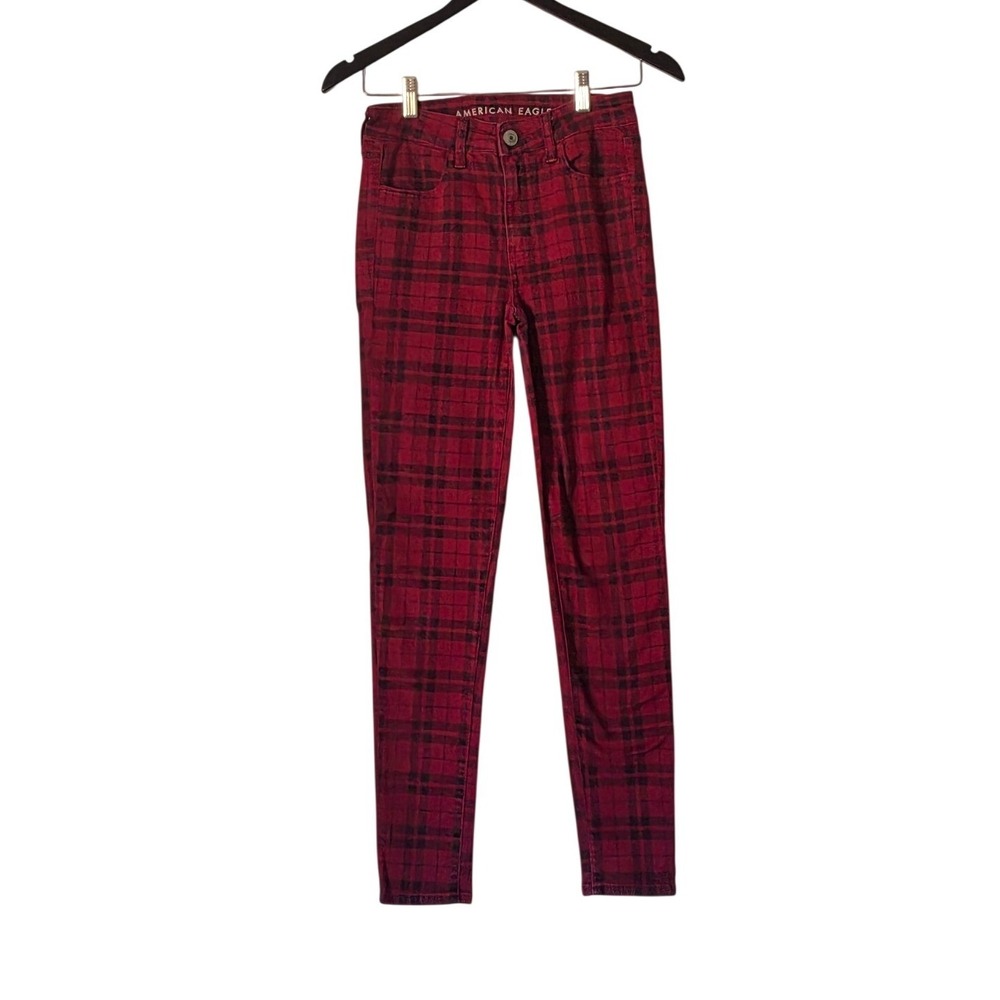 American Eagle Ne(x)t Level Stretch Red Black Plaid Skinny Jean Sz 4 Grunge Goth